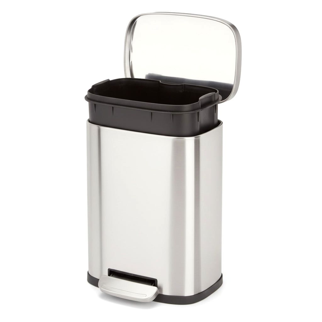 Luxe Urban stainless steel small bathroom trash can with soft close pedal, shown with its lid open, revealing the black removable inner liner. The sleek, modern design is visible.
