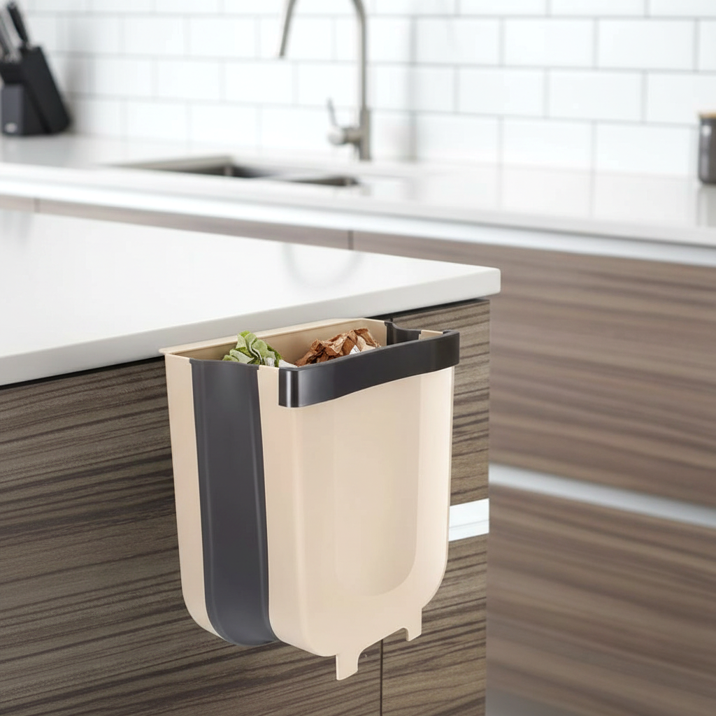 Cascadia foldable plastic kitchen trash can in beige and dark gray, hooked to a kitchen cabinet, shown containing food scraps. A practical solution for kitchen waste.