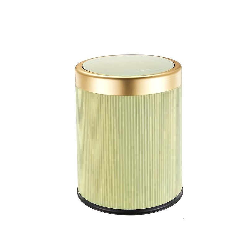 Green Elegance Oval Waste Solution trash can with a press-top lid and gold rim, shown on a clean white background.