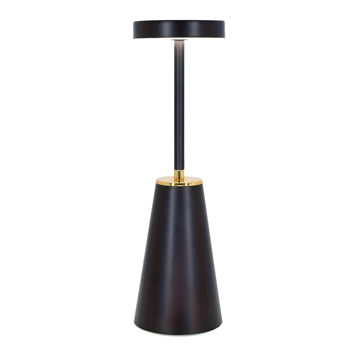 A single black Lumiere Essence wireless rechargeable table lamp with a gold accent, illuminated and standing upright on a clean white background.