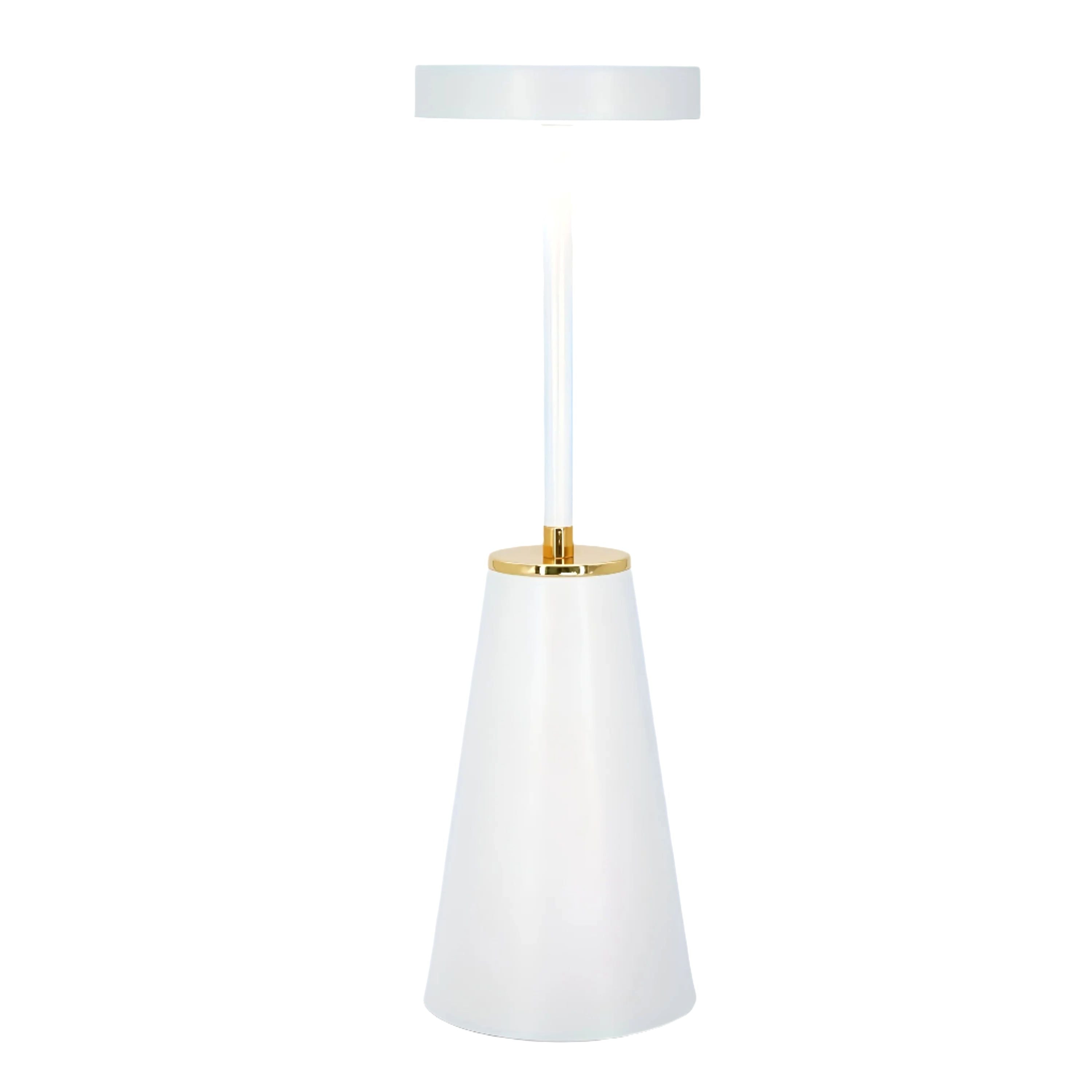 A single white Lumiere Essence wireless rechargeable table lamp with a gold accent, illuminated and standing upright on a clean white background.