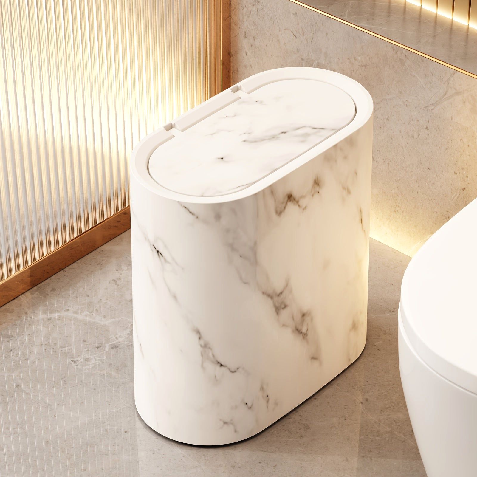A single Luxe Marble Canister in Cream White, an elegant trash solution for a modern bathroom. This stylish waste bin features a secure lid and contemporary design.