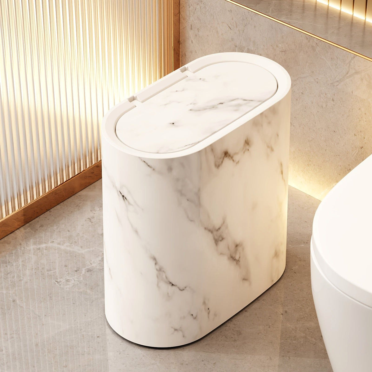 A single Luxe Marble Canister in Cream White, an elegant trash solution for a modern bathroom. This stylish waste bin features a secure lid and contemporary design.