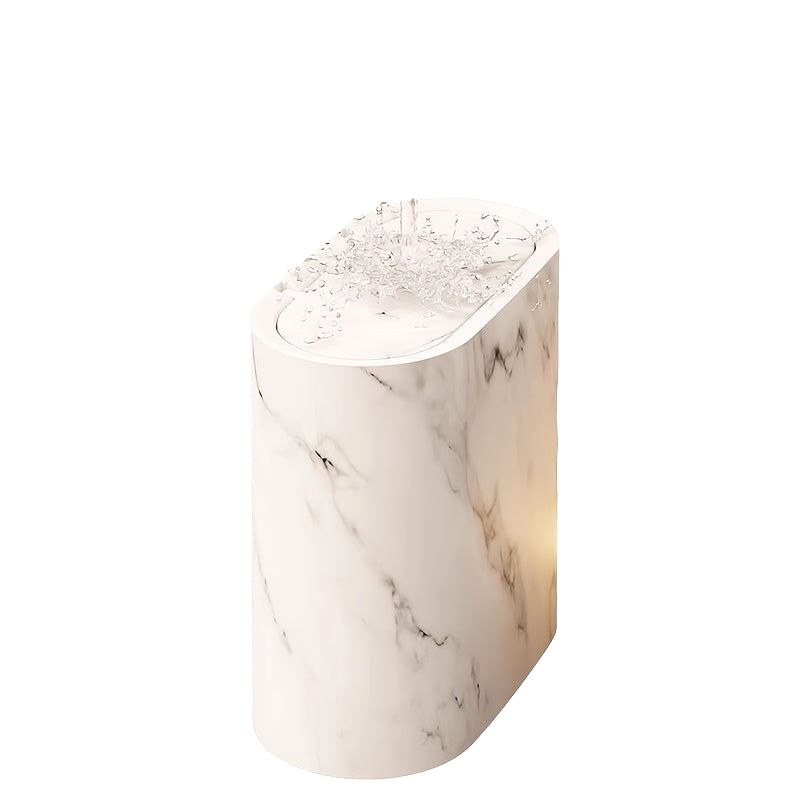 A Cream White Luxe Marble Canister with water droplets on its closed lid, highlighting its durable materials and secure lid design. The modern trash can is shown on a clean white background.