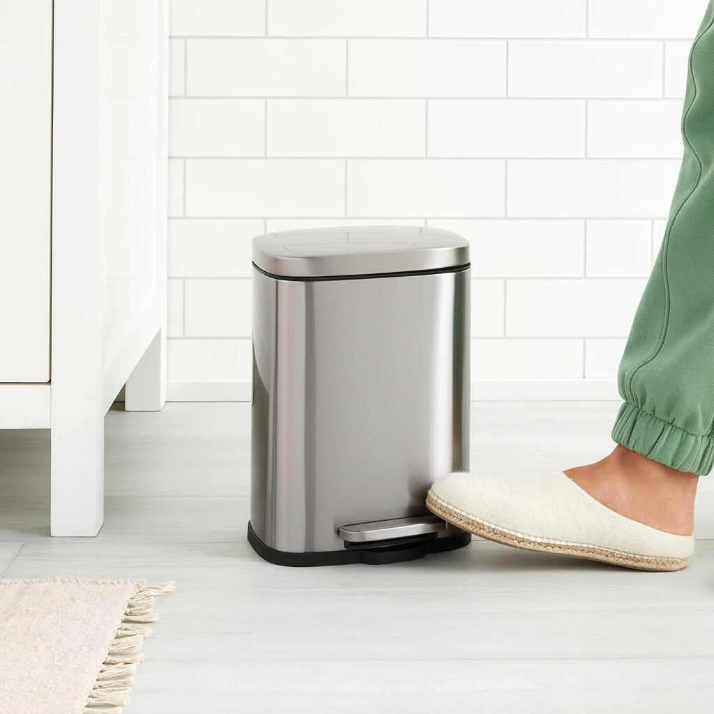 A person's foot in a slipper pressing the soft-close pedal of the Luxe Urban stainless steel small bathroom trash can, demonstrating its hands-free operation in a modern bathroom.